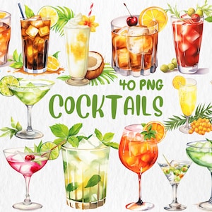 Clipart di cocktail ad acquerello / Illustrazioni di Pina Colada, Margarita, Martini, Whiskey Sour, Mai Tai / Download immediato per uso commerciale