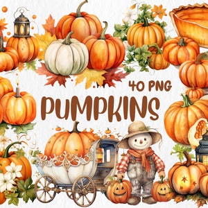 Watercolor Pumpkins Clipart, Pumpkin Fall Decor Illustrations, Painted Pumpkin Clipart, 40 PNG Graphics, Instant Download for Commercial Use