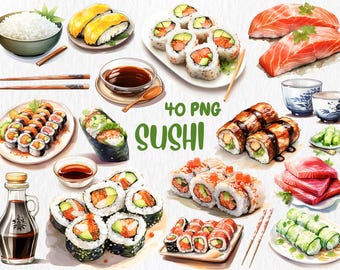 Watercolor Sushi Clipart: Japanese Food Illustrations (Commercial Use, Digital Download)