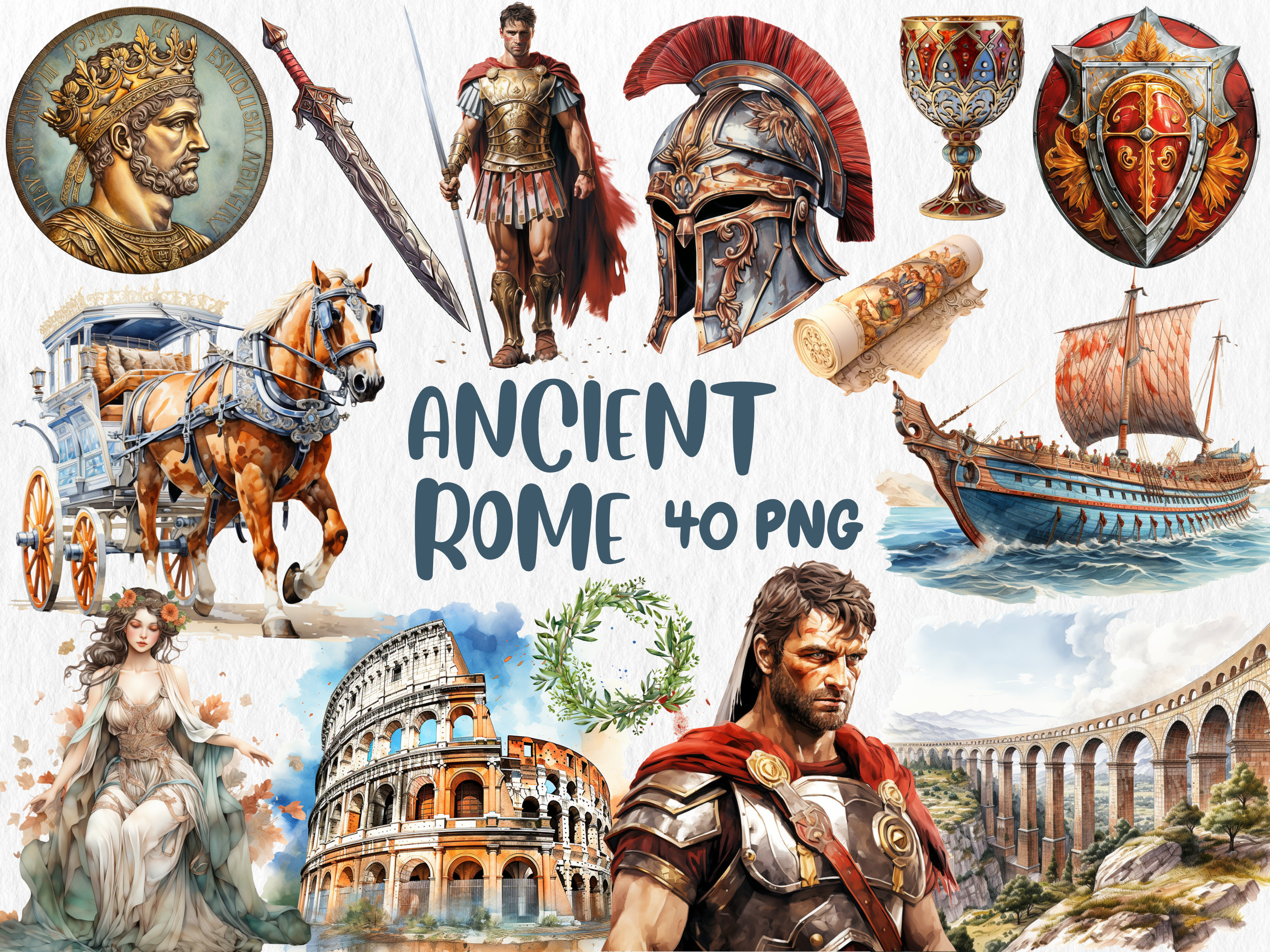 Watercolor Ancient Rome Clipart: Gladiator, Colosseum (Instant Download)