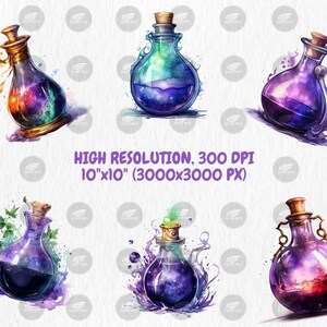 Watercolor Magic Potions Clipart | Painted Colorful Magic Potion Illustrations | 40 PNG Graphics | Instant Download for Commercial Use