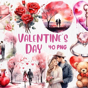 Clipart di San Valentino ad acquerello / Rose rosse, bigliettini d'amore, illustrazioni di coppie romantiche / Download immediato per uso commerciale