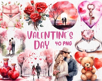 Watercolor Valentine&#39;s Day Clipart: Roses, Couples, Love Notes (Instant Download)
