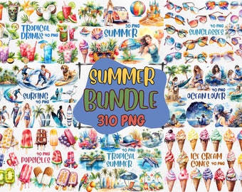 Watercolor Summer Clipart Bundle: 310 PNG Graphics (Commercial Use)