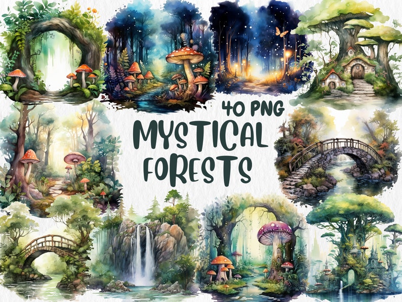 Watercolor Magic Mega Clipart Bundle | Mystical Forests, Fantasy Portals, Wizards, Witches, Potion| Instant Download for Commercial Use