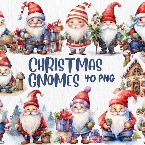 Watercolor Christmas Gnomes Clipart | Xmas Gnome Illustrations, Painted Gnome Clipart, PNG Graphics | Instant Download for Commercial Use