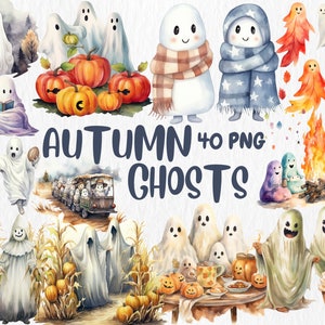 Watercolor Autumn Ghosts Clipart | Autumn Ghost Illustrations | Painted Ghost Clipart, 40 PNG Graphics, Instant Download for Commercial Use