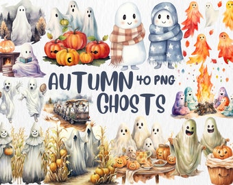 Watercolor Autumn Ghosts Clipart: 40 PNG Graphics (Commercial Use)