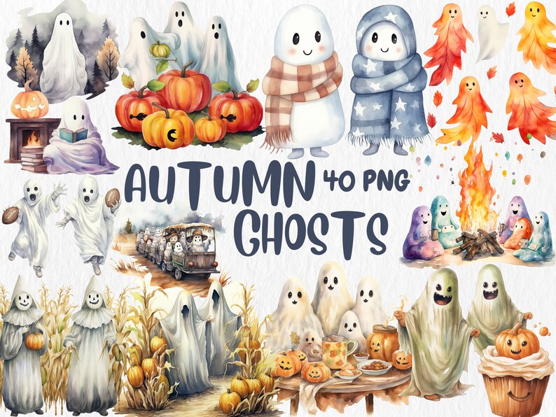 Watercolor Autumn Ghosts Clipart | Autumn Ghost Illustrations | Painted Ghost Clipart, 40 PNG Graphics, Instant Download for Commercial Use