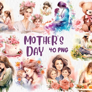 Aquarell Muttertag Clipart | Mutter und Kind Clipart | Mutter und Kind Illustrationen | Sofort Download für kommerzielle Nutzung