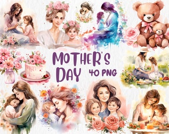 Watercolor Mother's Day Clipart: Mom and Child Illustrations (Instant Download)