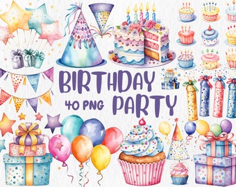 Watercolor Birthday Party Clipart: Balloons, Cake, Presents (Instant Download)