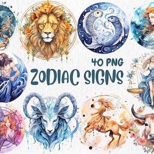 Watercolor Zodiac Signs Clipart | Astrology, Celestial Themed Digital Art for Birthdays, Invitations | Instant Download for Commercial Use