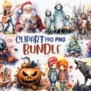 Watercolor Clipart Mega Bundle: Christmas, Halloween, Kids (190 PNG Graphics) (Digital Download)