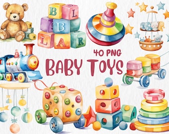 Watercolor Baby Toys Clipart: 40 PNG Nursery Illustrations (Instant Download)