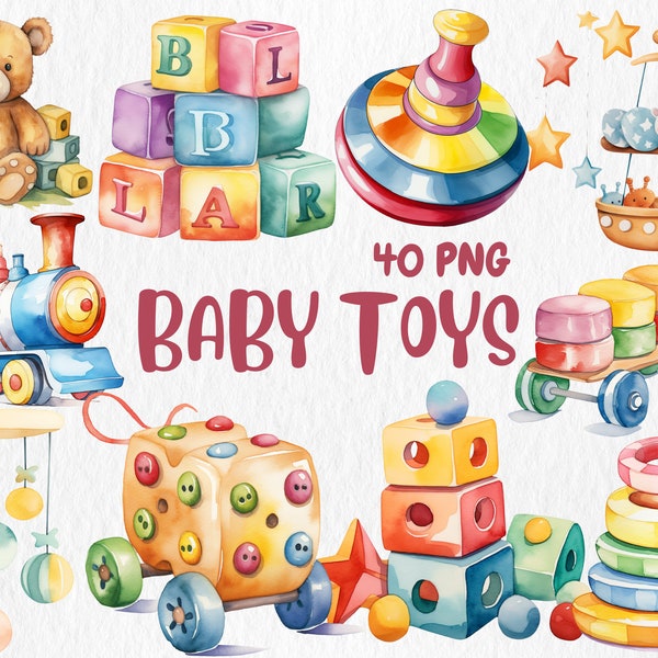 Aquarell Baby Spielzeug Clipart | Holzklötze, Plüschhase, Kinderzimmerdeko, Babyparty Abbildungen | Sofort Download für kommerzielle Nutzung