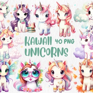 Watercolor Kawaii Unicorns Clipart: 40 Fantasy PNG Illustrations (Digital Download)