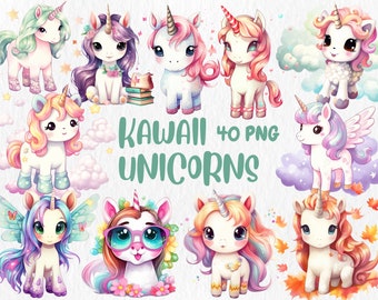 Watercolor Kawaii Unicorns Clipart: 40 Fantasy PNG Illustrations (Digital Download)