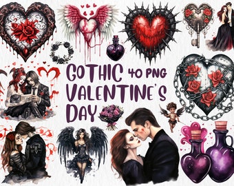 Watercolor Gothic Valentine's Day Clipart: Dark Romance PNG (Instant Download)