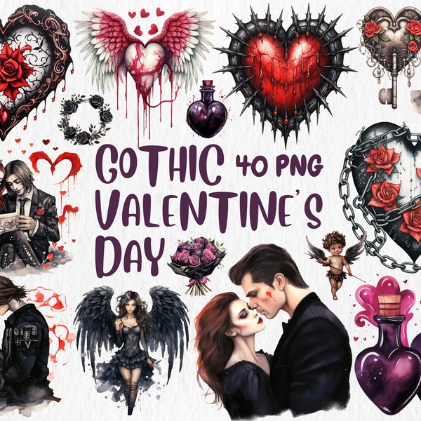 Watercolor Gothic Valentine's Day Clipart | Dark Romance, Dark Love Couple, Dark Heart Illustrations | Instant Download for Commercial Use