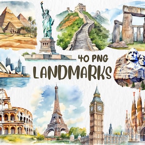 水彩画のランドマーク クリップアート | エッフェル塔、タージ マハル、自由の女神、コロッセオのイラスト | 商用利用のための即時ダウンロード
