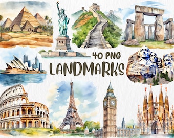 Watercolor Landmarks Clipart: World Travel Illustrations (Instant Download)