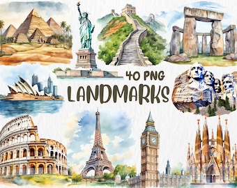 Watercolor Landmarks Clipart | Eiffel Tower, Taj Mahal, Statue of Liberty, Colosseum Illustrations | Instant Download for Commercial Use