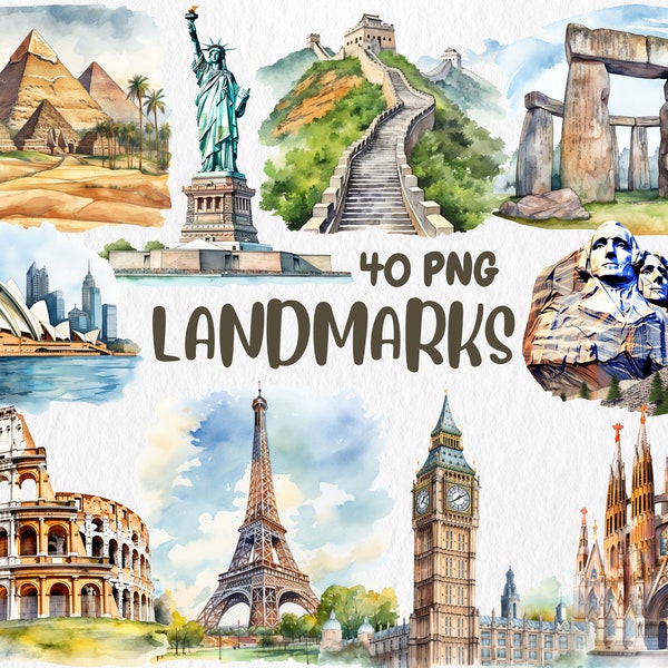 Aquarelle Monuments Clipart | Tour Eiffel, Taj Mahal, Statue de la Liberté, Illustrations du Colisée | Téléchargement instantané pour un usage commercial