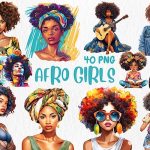 Clipart di ragazze afro acquerellate / Ragazza nera carina, ragazza afroamericana, illustrazioni di donne nere / Download immediato per uso commerciale