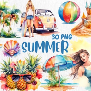 Imágenes prediseñadas de verano en acuarela: ilustraciones de playa, sol, gafas de sol, castillos de arena y palmeras. Gráficos PNG. Descarga instantánea para uso comercial.