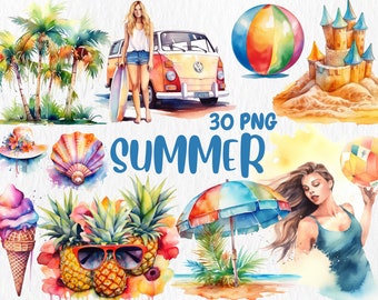 Aquarel zomer clipart: strandillustraties, png-afbeeldingen (digitale download)
