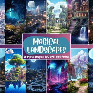 Papier numérique paysages magiques, paysages fantastiques et magiques, décors magiques, imprimables, téléchargement de journaux indésirables et de scrapbooking