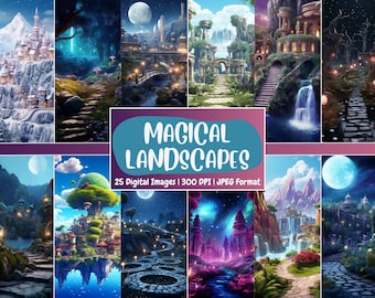 Magical Landscapes Digital Paper: Fantasy Scenery Backdrops (8.5x11" JPEG)