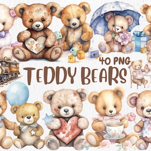 Clipart de ursos de pelúcia aquarela, dormindo, fofo, adorável urso de pelúcia, ilustrações de brinquedo, 40 gráficos PNG, download instantâneo para uso comercial