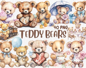 Watercolor Teddy Bear Clipart: 40 PNG Toy Illustrations (Digital Download)