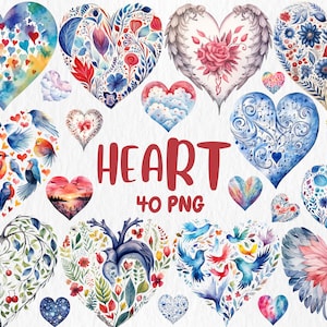 Clipart de coração em aquarela | Amor, amizade, ilustrações fofas de coração, dia dos namorados, decoração de berçário | Download instantâneo para uso comercial