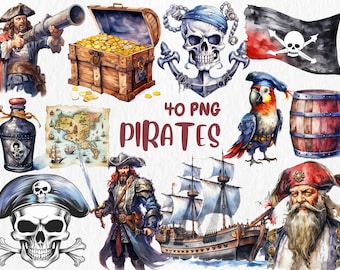 Watercolor Pirates Clipart: Ship, Skull, Treasure (Instant Download)