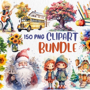 Watercolor Clipart Mega Bundle | 150 PNG Graphics | School, Kids, Trees, Sunflowers, Christmas, Bundle | Instant Download for Commercial Use