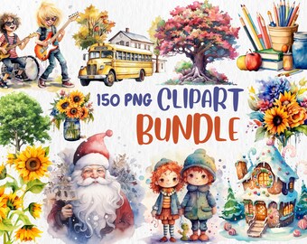 Watercolor Clipart Mega Bundle: School, Kids, Christmas (150 PNG Graphics) (Instant Download)