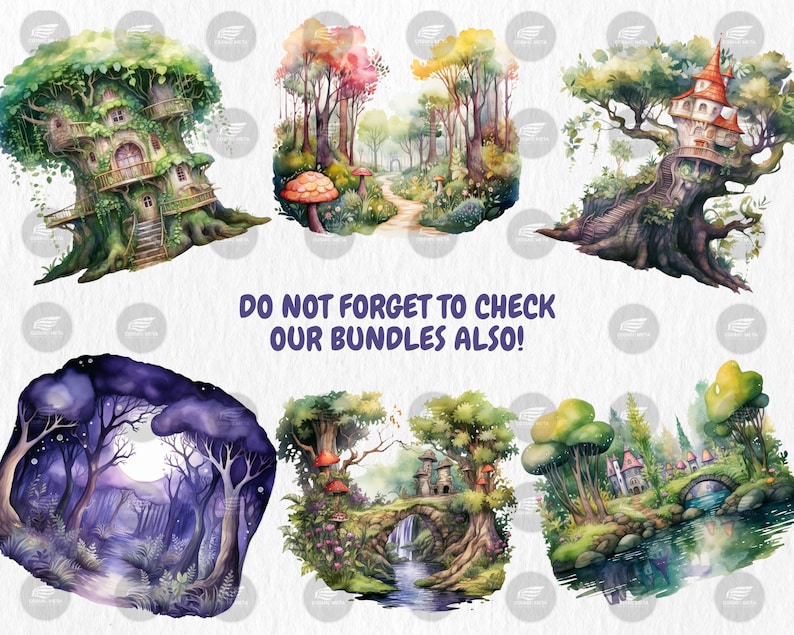 Watercolor Enchanted Forests Clipart | Fairy Garden and Tree, Magical Fantasy Woodland Illustrations | Instant Download for Commercial Use