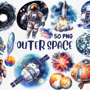 Clipart z akwarelą przedstawiający przestrzeń kosmiczną | Rakieta, Galaktyka, Mgławica, Astronauta, Obserwatorium, Ilustracje planet | Natychmiastowe pobranie do użytku komercyjnego