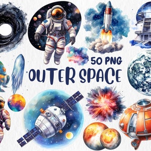 Watercolor Outer Space Clipart | Rocket, Galaxy, Nebula, Astronaut, Observatory, Planet Illustrations | Instant Download for Commercial Use