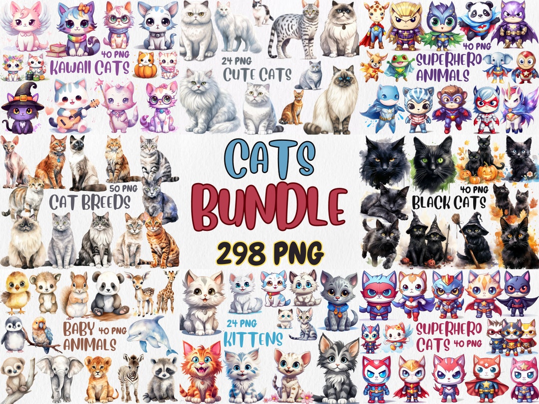 Watercolor Cats Mega Clipart Bundle | Cute Kitten, Kawaii Cat, Cat ...