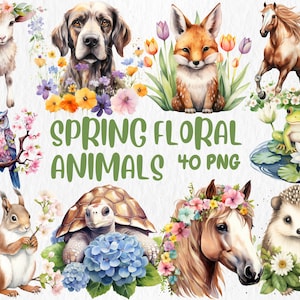 Watercolor Spring Animals Clipart: Floral Baby Animal Illustrations (Digital Download)