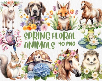 Watercolor Spring Animals Clipart: Floral Baby Animal Illustrations (Digital Download)