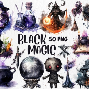 Aquarell schwarze Magie Clipart | Zauberbuch, Kristallkugel, Voodoo-Puppe, Amulett, Trank Illustrationen | Sofort Download für kommerzielle Nutzung