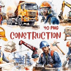 Clipart construction aquarelle | Illustrations de travailleur, casque de protection, camion-benne, bétonnière, bulldozer | Téléchargement instantané pour une utilisation commerciale