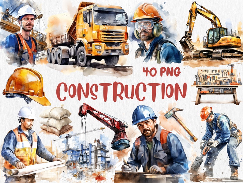 Watercolor Construction Clipart | Worker, Hard Hat, Dump Truck, Cement Mixer, Bulldozer Illustrations | Instant Download for Commercial Use