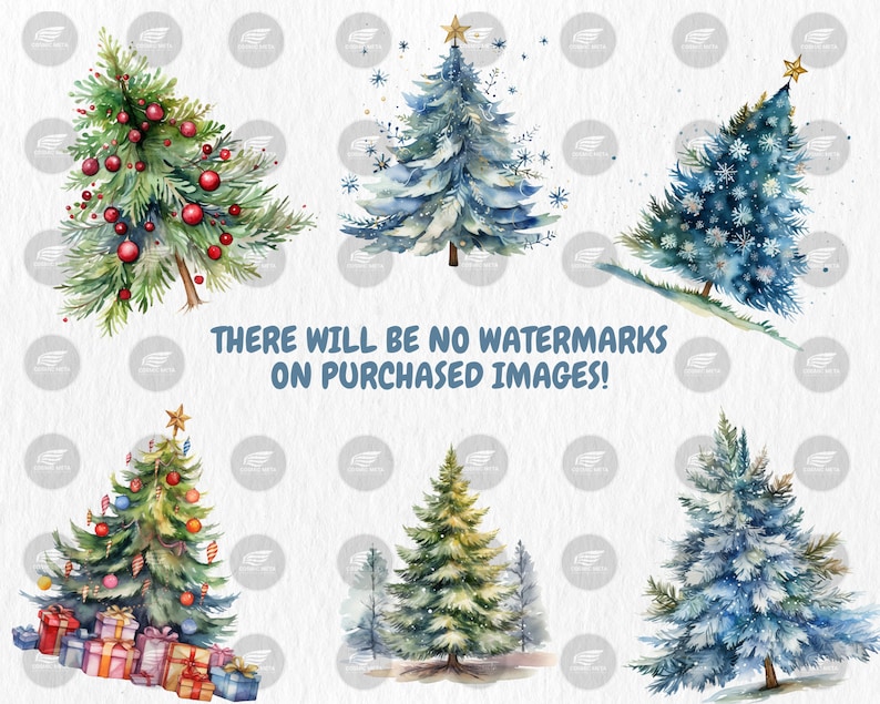 Watercolor Christmas Trees Clipart: Holiday PNG Graphics (instant ...