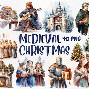 Clipart Noël médiéval à l'aquarelle | Illustrations vintage pour les fêtes, châteaux, chevaliers, chanteurs de chansons, éléments de décoration de fête, cartes et travaux manuels